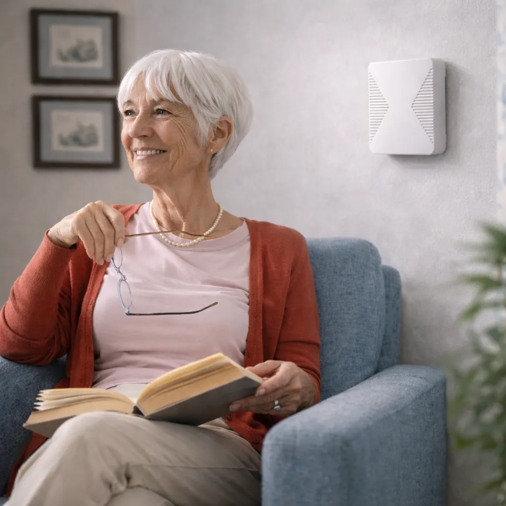 Elderly woman reading at home with SilentCare sensor on the wall